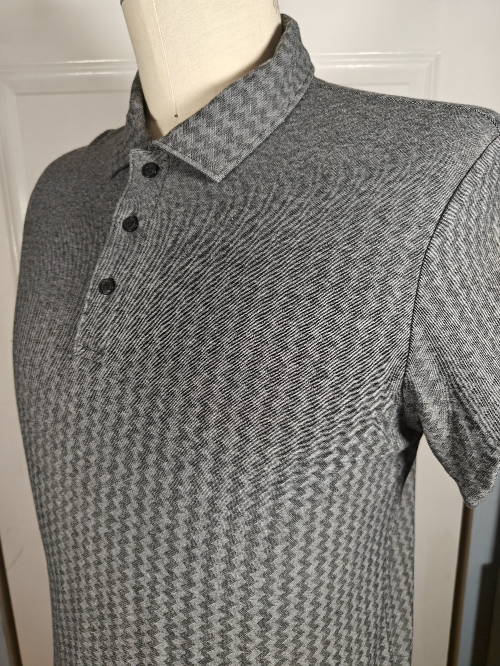 Perry Ellis Houndstooth Knit Polo Mens Large Charcoal Gray Textured Short Sleeve